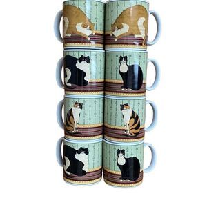 Warren Kimble Sakura Cat Collection Cups set of 8 Vintage